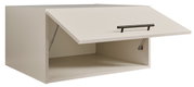 Weißer Hängeschrank/Oberschrank mit nach oben öffnender Klappe, Gasdruckdämpfern und schwarzem Griff, geöffnet mit sichtbarem Innenfach; Perspektive: frontale Ansicht leicht von links oben.