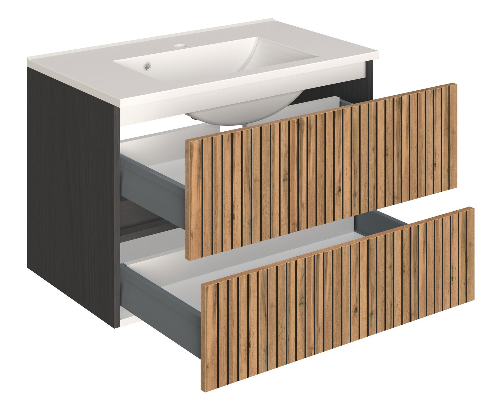 XORA Waschtisch-Set HANOI Waschtisch-Set mit zwei offenen Schubladen in Holzoptik, seitliche Perspektive