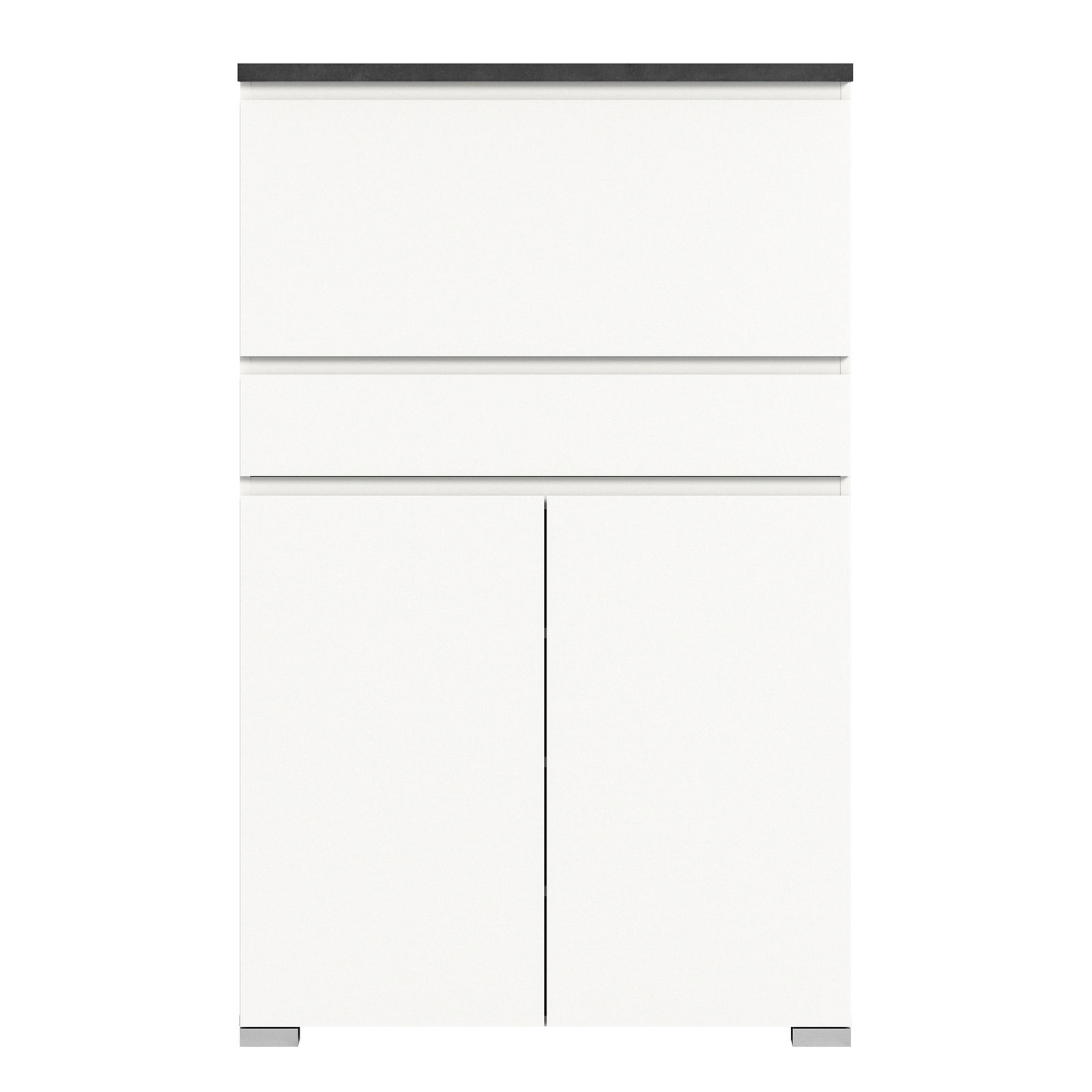 Moderner weißer Schuhschrank mit zwei Schubladen und zwei Türen, Frontalansicht