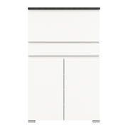 Moderner weißer Schuhschrank mit zwei Schubladen und zwei Türen, Frontalansicht