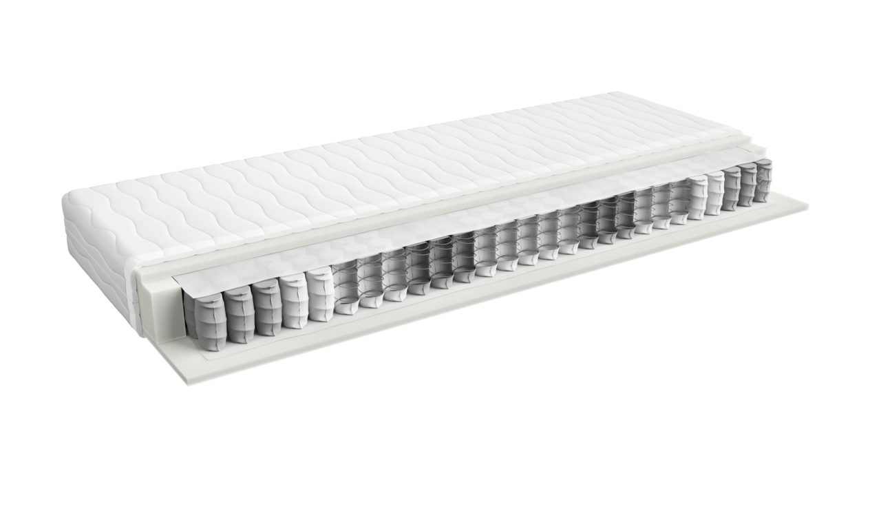 Sleeptex Taschenfederkernmatratze PREMIA Querschnitt einer Taschenfederkernmatratze mit sichtbaren Federn und Schichten, seitliche Perspektive
