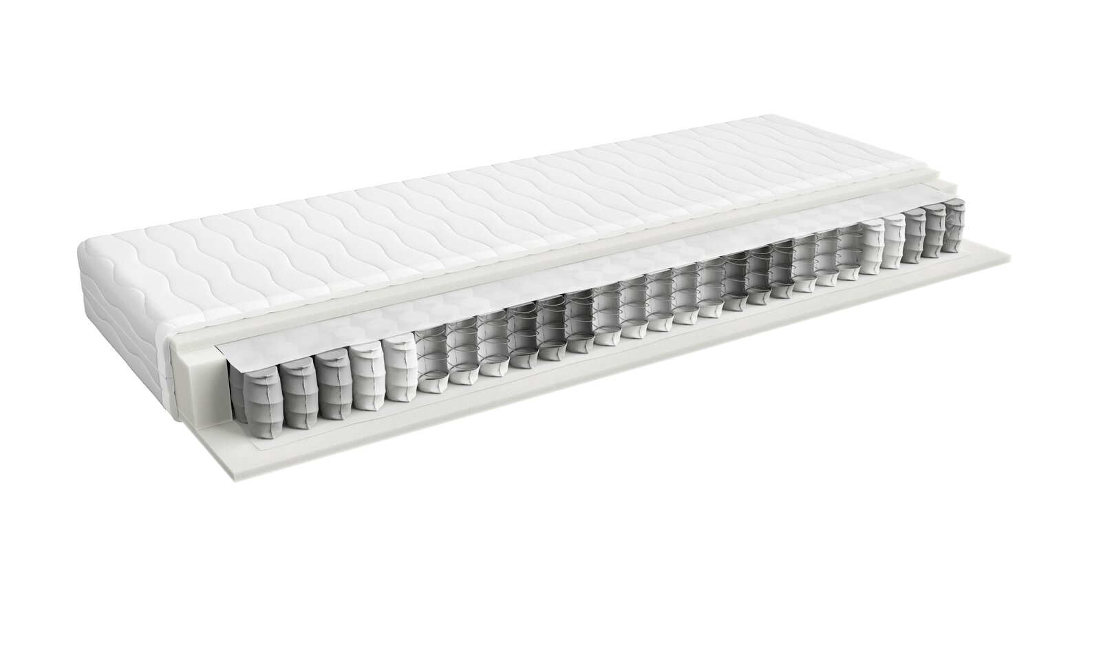 Querschnitt einer Taschenfederkernmatratze mit sichtbaren Federn und Schichten, seitliche Perspektive
