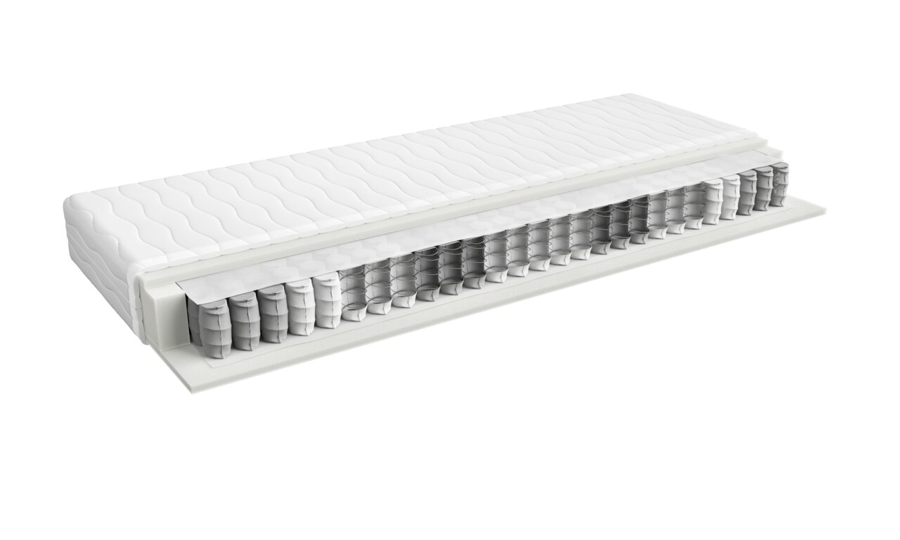 Sleeptex Taschenfederkernmatratze PREMIA Querschnitt einer Taschenfederkernmatratze mit sichtbaren Federn und Schichten, seitliche Perspektive