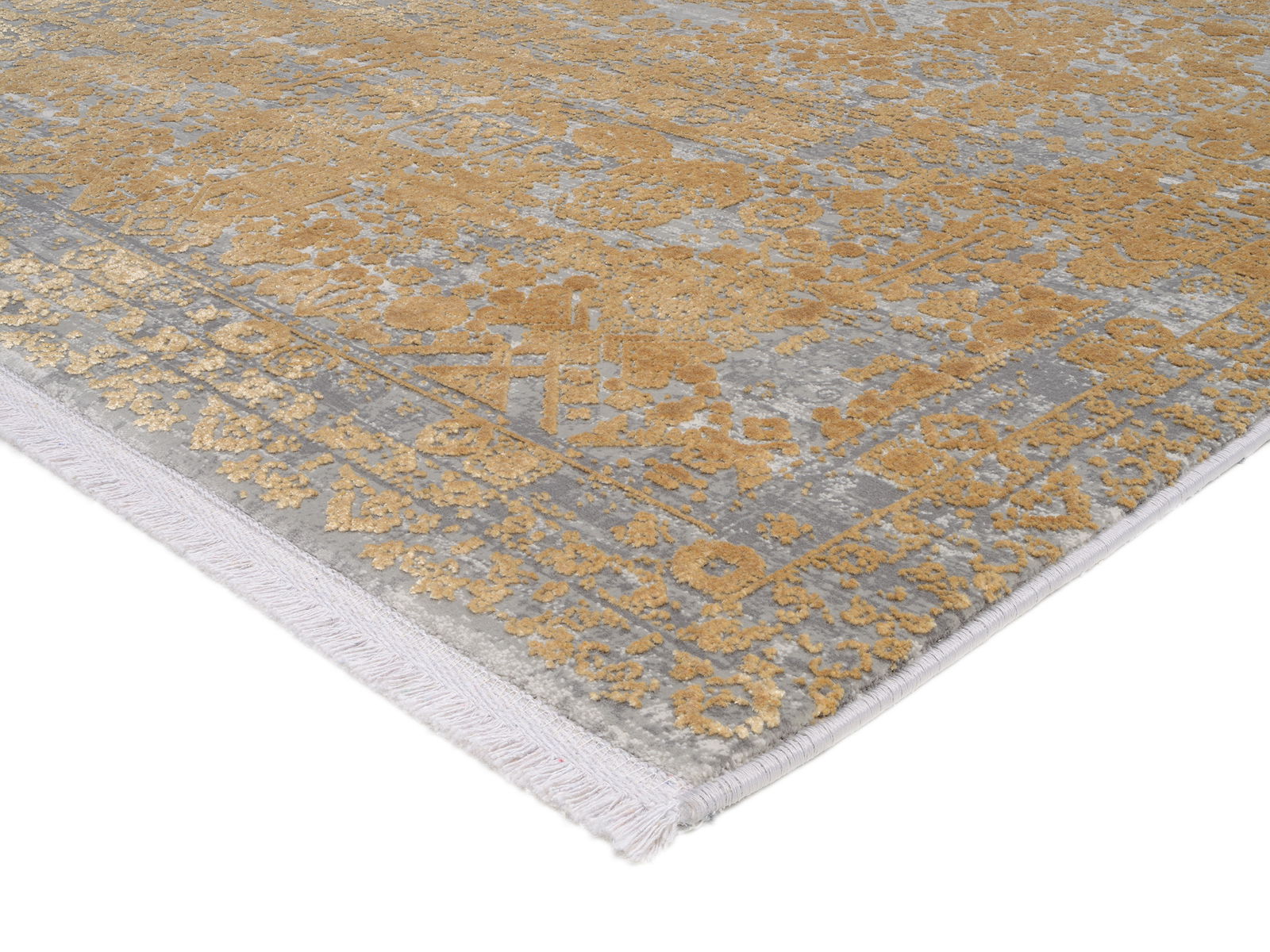 Designer Teppich mit goldenen und grauen Mustern, perspektivisch von der Seite aufgenommen