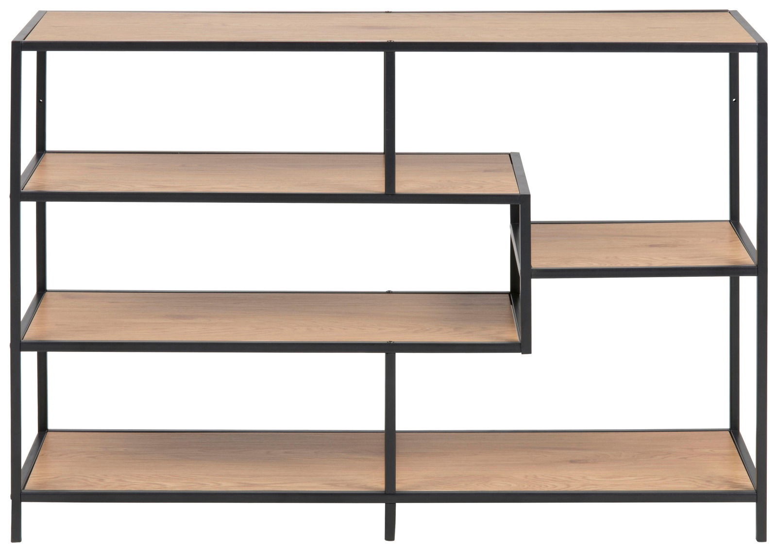 Modernes Bücherregal mit schwarzem Metallrahmen und Holzregalböden, frontale Ansicht.