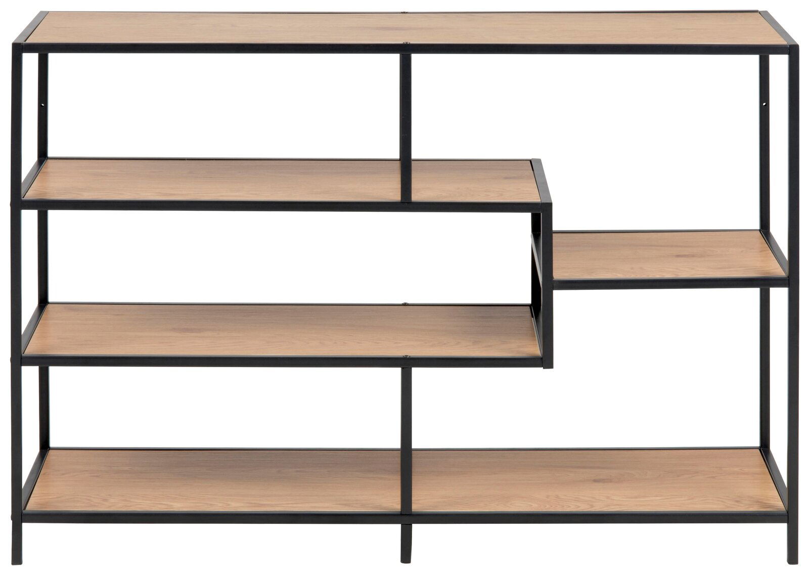 Modernes Bücherregal mit schwarzem Metallrahmen und Holzregalböden, frontale Ansicht.