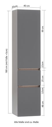 Grauer Hochschrank mit zwei Schubladen, Frontansicht, Maße: 180 cm hoch, 40 cm breit, 35 cm tief.