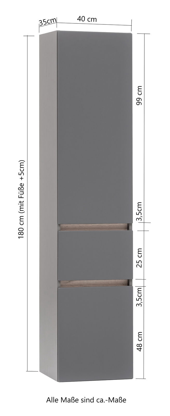 Grauer Hochschrank mit zwei Schubladen, Frontansicht, Maße: 180 cm hoch, 40 cm breit, 35 cm tief.