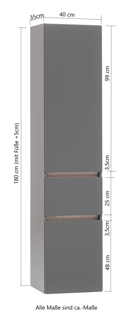 Grijze hoge kast met twee lades, vooraanzicht, afmetingen: 180 cm hoog, 40 cm breed, 35 cm diep.