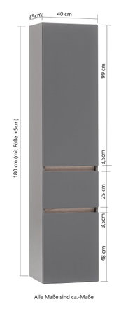 Grauer Hochschrank mit zwei Schubladen, Frontansicht, Maße: 180 cm hoch, 40 cm breit, 35 cm tief.