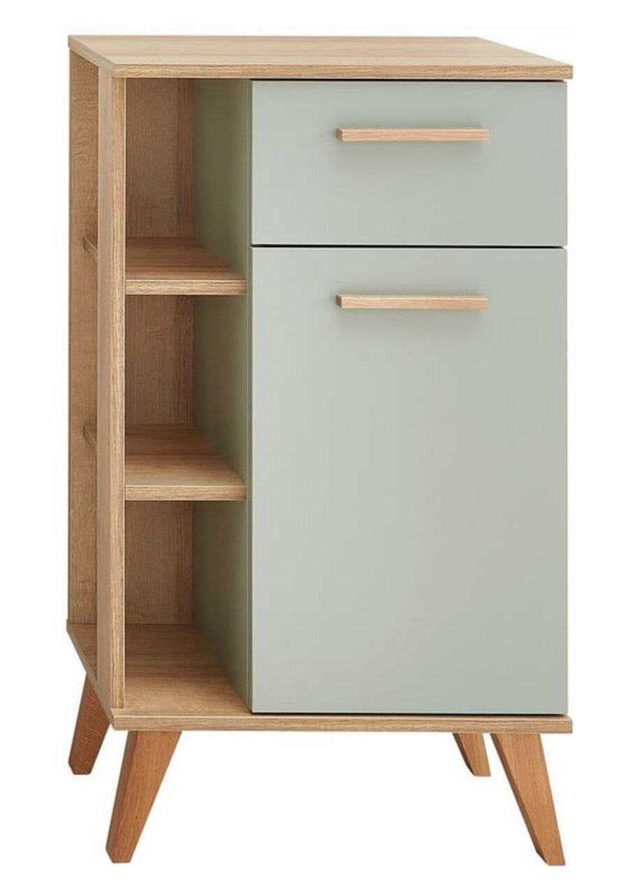 Moderne onderkast met houten poten, een lade en een deur in lichtgroen, opbergvakken aan de zijkanten, vooraanzicht