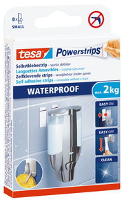 Verpackung der tesa Powerstrips Waterproof S, selbstklebende und spurlos ablösbare Streifen, geeignet für feuchte Umgebungen, hält bis zu 2 kg, perspektivische Ansicht von vorne.