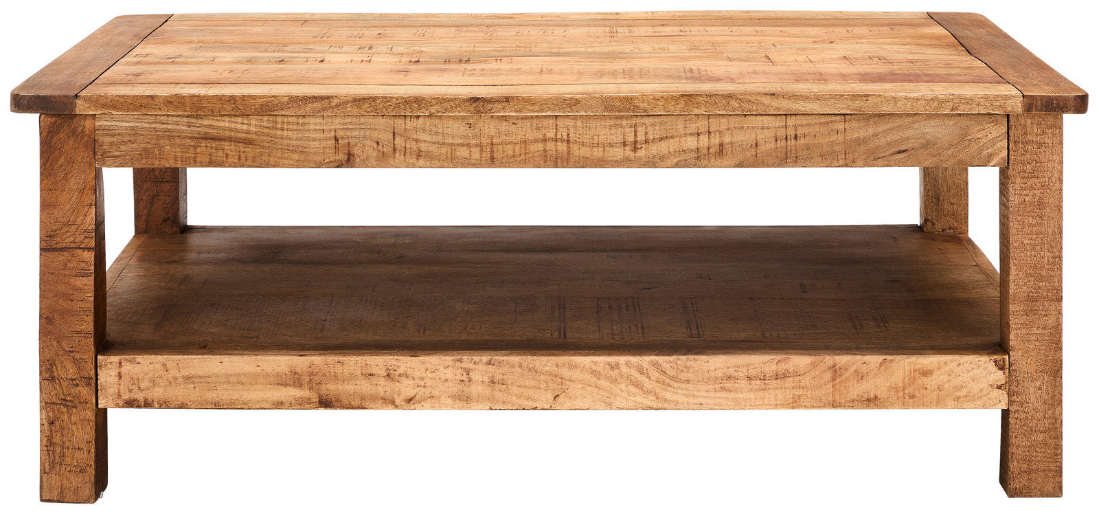 Rustikaler Couchtisch aus Holz mit zwei Ebenen, Frontalansicht