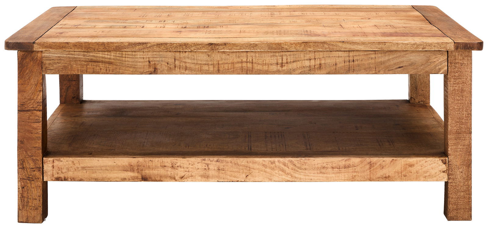 Rustikaler Couchtisch aus Holz mit zwei Ebenen, Frontalansicht