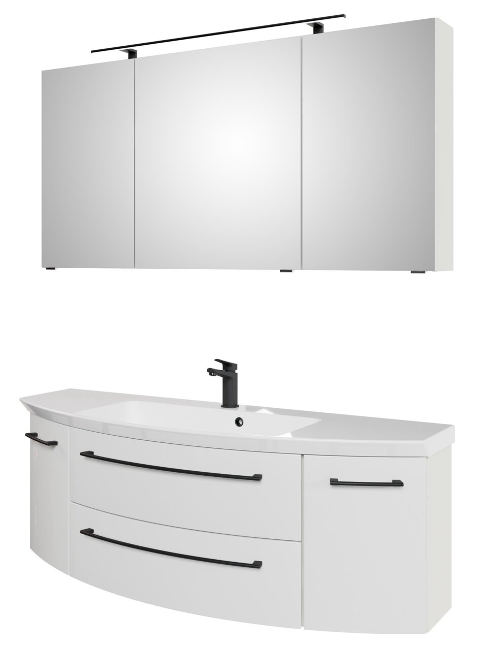 Sadena Badkamercombinatie, 3-delig PLAKA Moderne badkamercombinatie met driedelige spiegelkast en wastafelonderkast in wit met zwarte handgrepen, zijaanzicht.