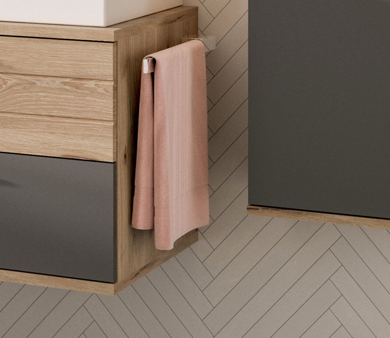 Handtuchhalter an einem Holzschrank montiert, mit einem rosa Handtuch, seitliche Perspektive