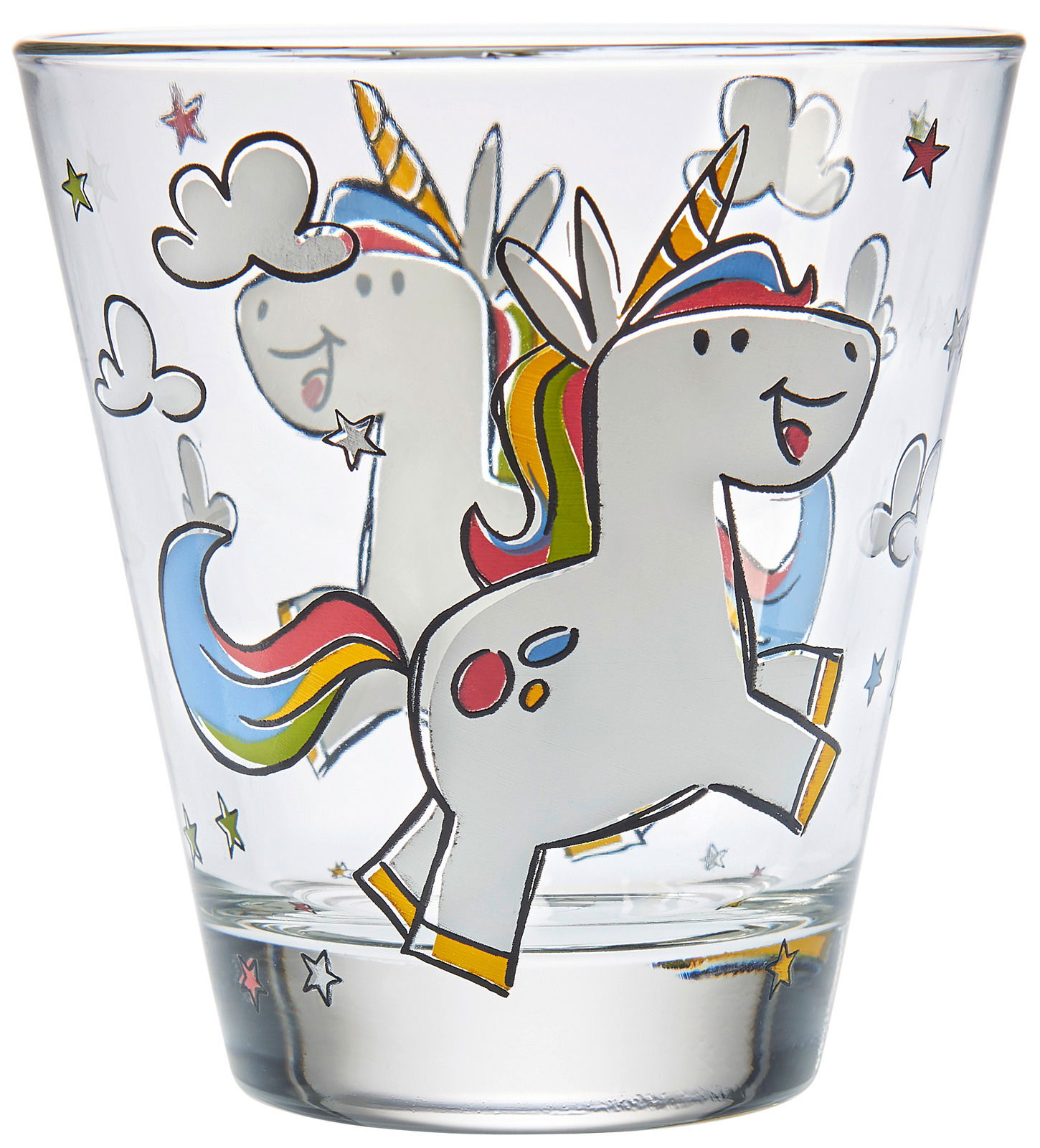 Kinder-Trinkglas mit fröhlichem Einhorn-Design, seitliche Perspektive