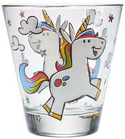 Kinder-Trinkglas mit fröhlichem Einhorn-Design, seitliche Perspektive
