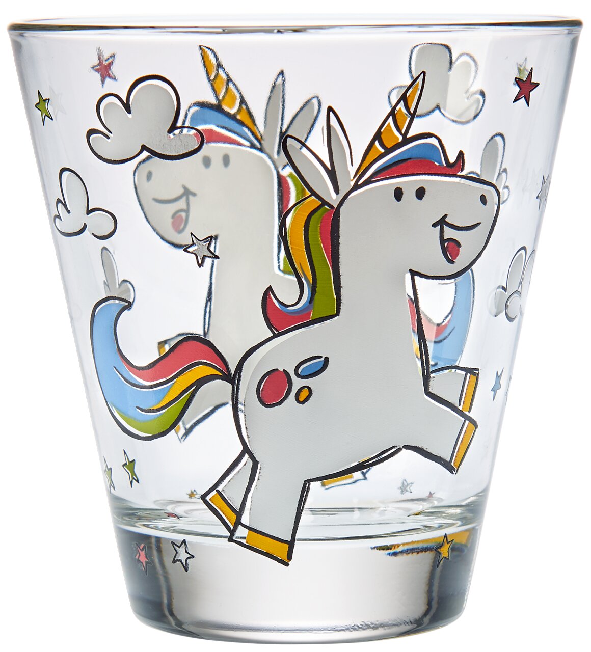 Kinder-Trinkglas mit fröhlichem Einhorn-Design, seitliche Perspektive