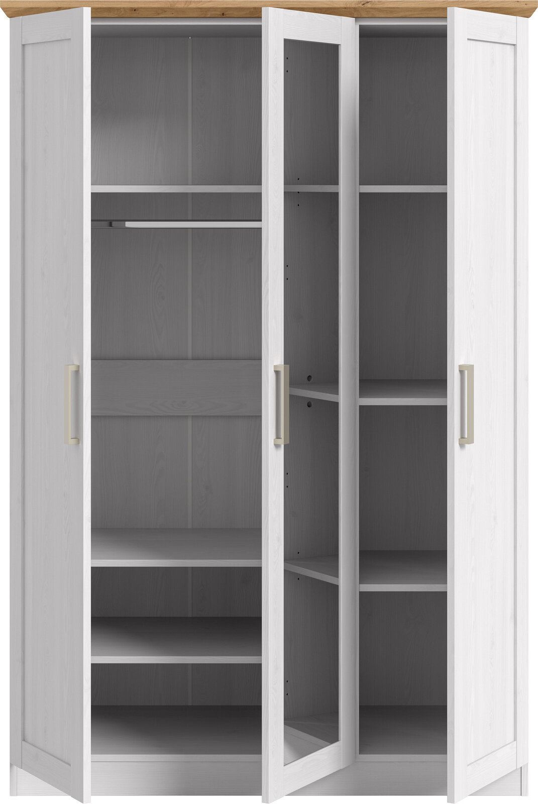 Weißer Kleiderschrank mit drei geöffneten Türen, Innenaufteilung mit Kleiderstange und mehreren Regalböden, Frontansicht leicht schräg von vorn.