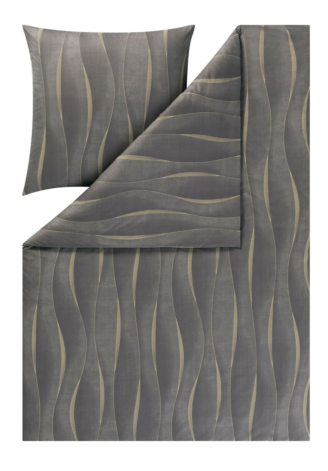 Bettwäsche-Set in Grau mit wellenförmigem Muster, bestehend aus einem Kissenbezug und einem Bettdeckenbezug, von oben betrachtet.