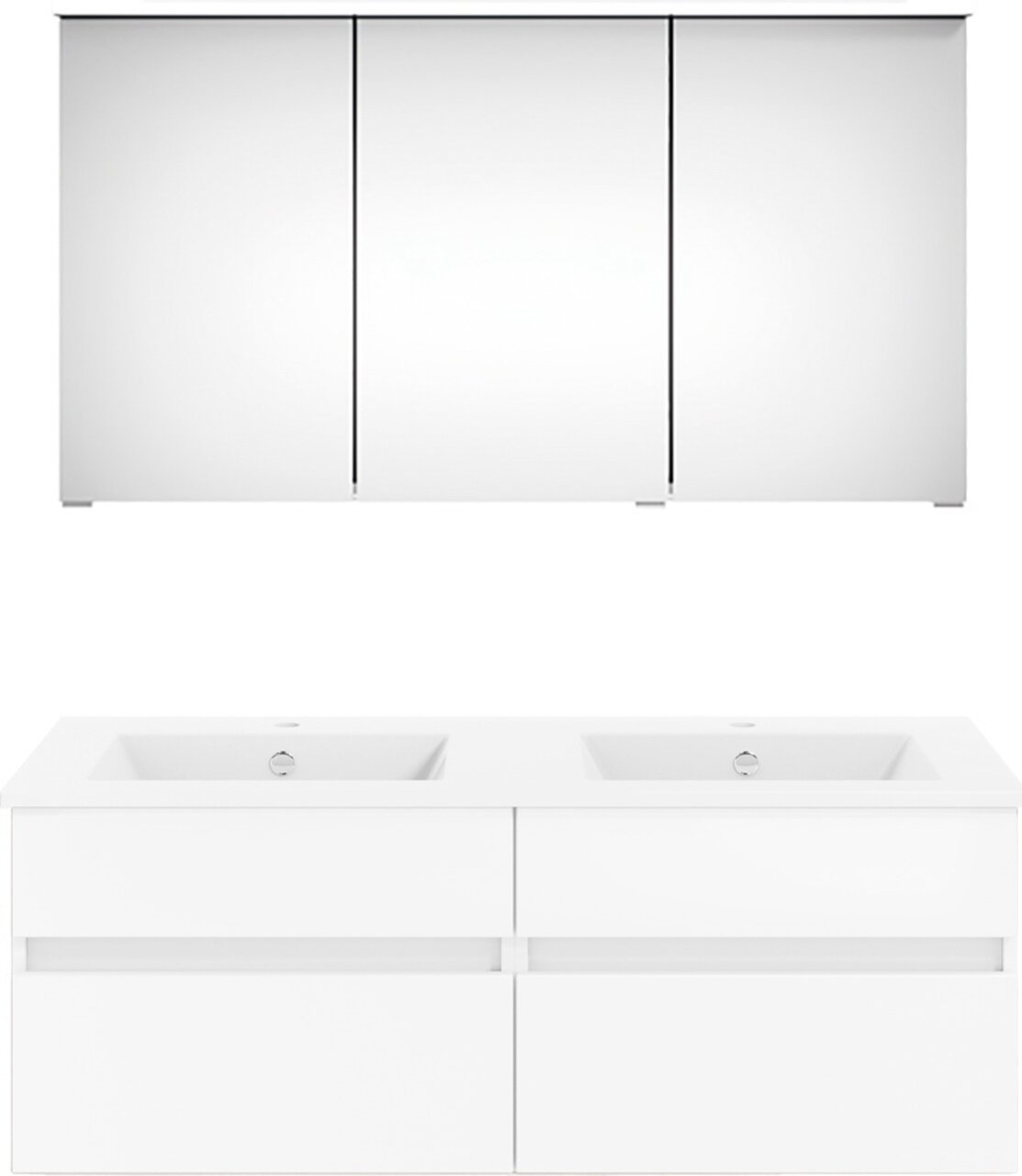 Puris Badkombination GET2YOU 21 Frontale Ansicht der Puris Badkombination Serie NEXT4YOU mit Doppelwaschbecken und Spiegelschrank.