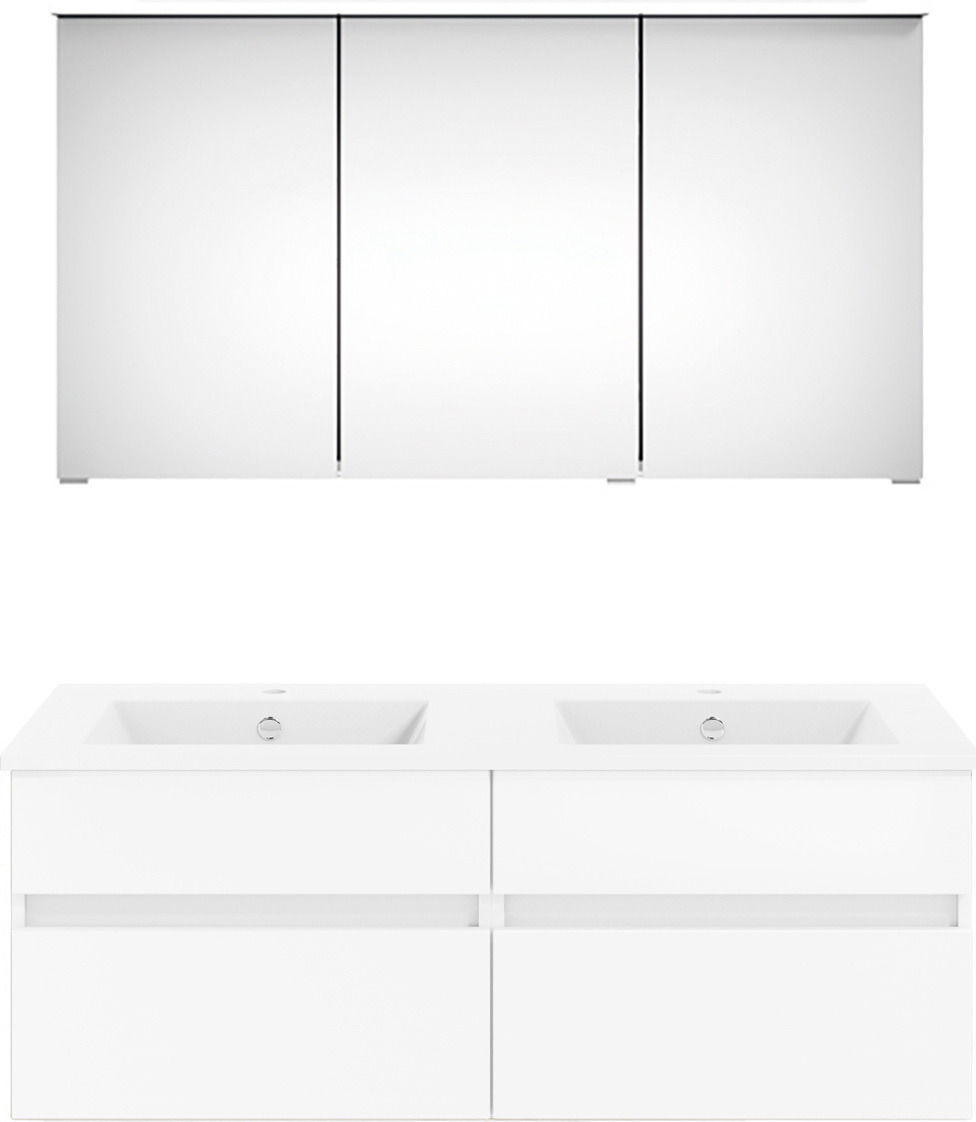 Frontale Ansicht der Puris Badkombination Serie NEXT4YOU mit Doppelwaschbecken und Spiegelschrank.