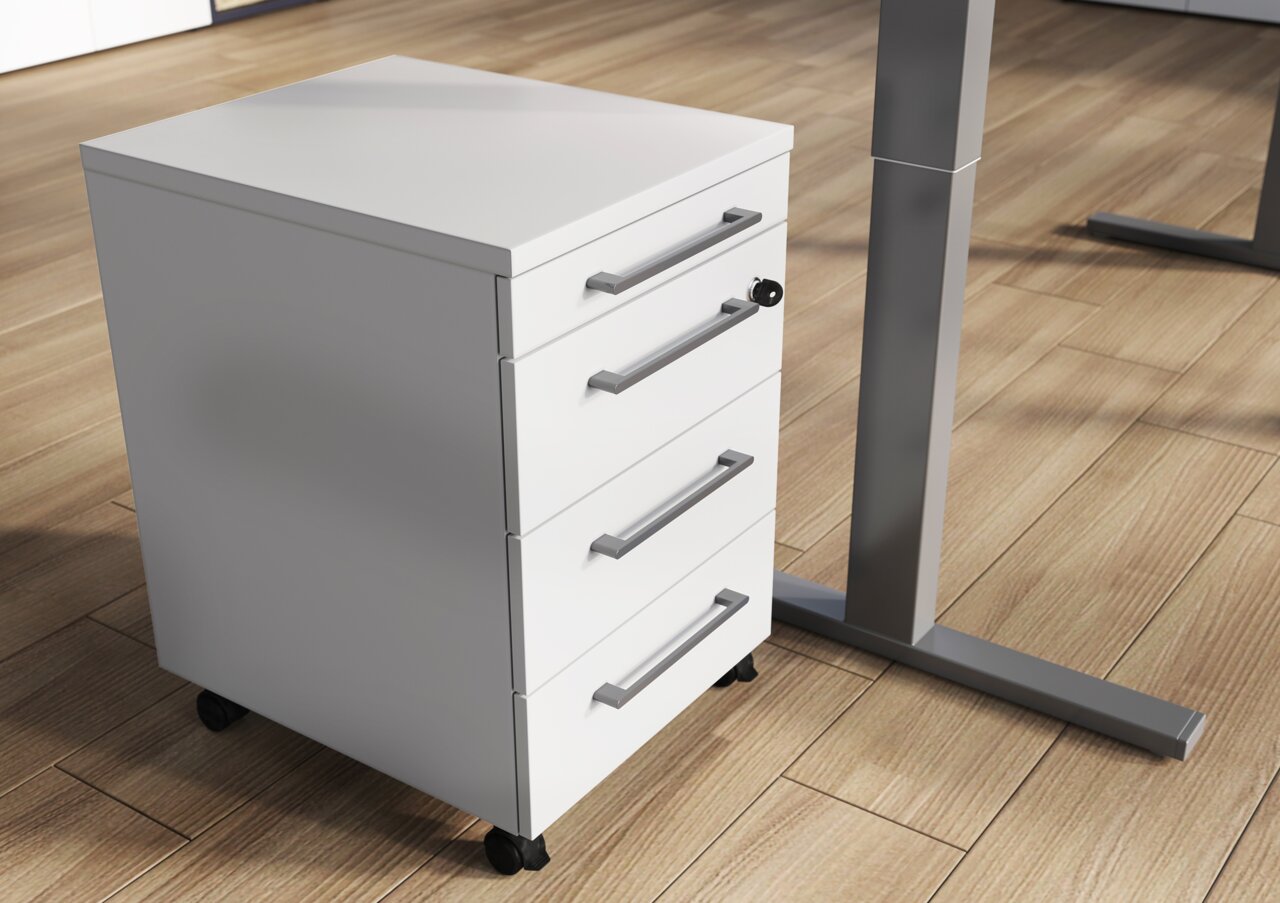 Witte rolcontainer met vier lades, zijaanzicht, staande op een houten vloer.