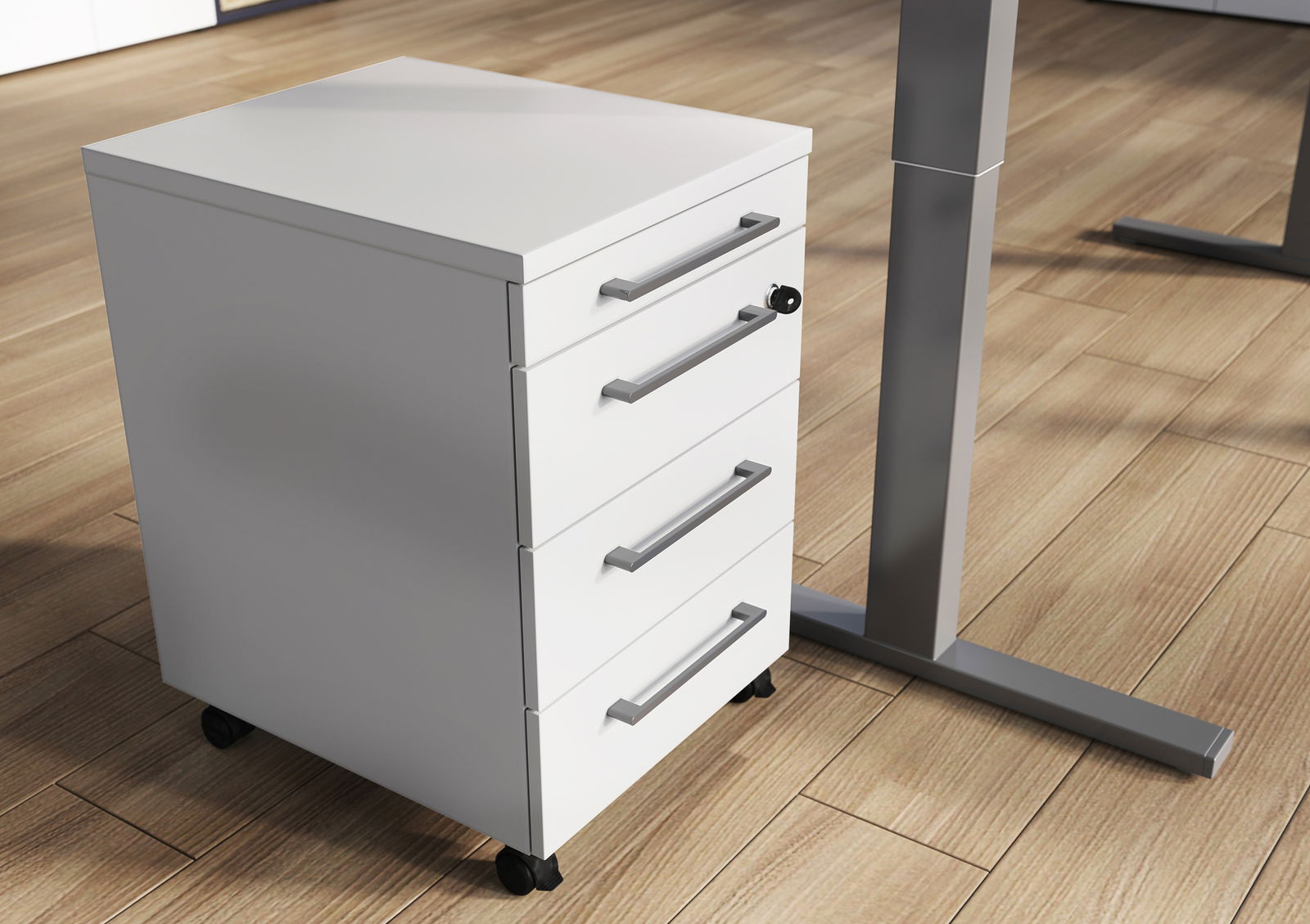 Weißer Rollcontainer mit vier Schubladen, seitliche Perspektive, auf einem Holzboden stehend.