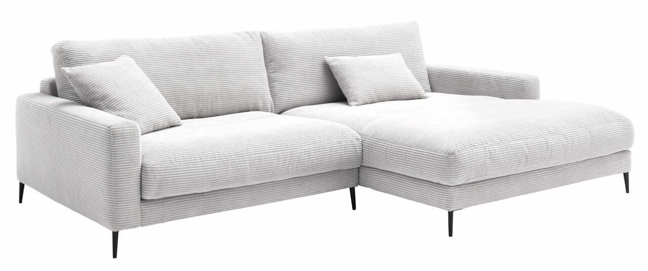 Pure Home Lifestyle Longchairkombination DELIA Graue Longchairkombination mit geripptem Stoffbezug, zwei Kissen und schwarzen Metallfüßen, seitliche Perspektive.