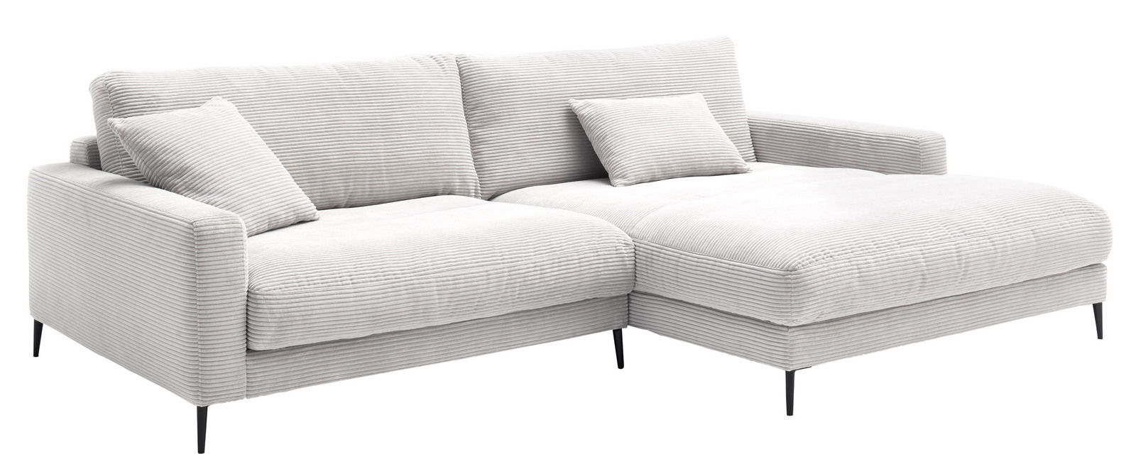 Graue Longchairkombination mit geripptem Stoffbezug, zwei Kissen und schwarzen Metallfüßen, seitliche Perspektive.