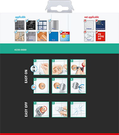 Verpackung des tesa Aluxx Eckduschkorbs mit Anleitungen zur einfachen Montage und Demontage, Vorderansicht.