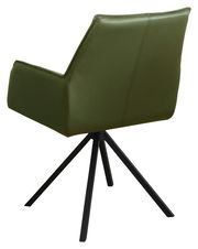 Rückansicht eines grünen Armlehnstuhls mit schwarzem Metallgestell und vier Beinen