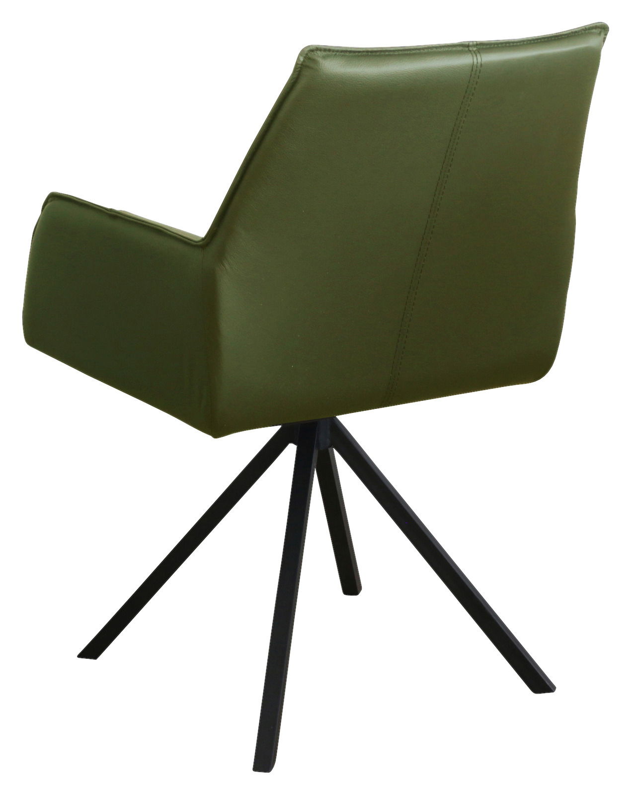 Rückansicht eines grünen Armlehnstuhls mit schwarzem Metallgestell und vier Beinen