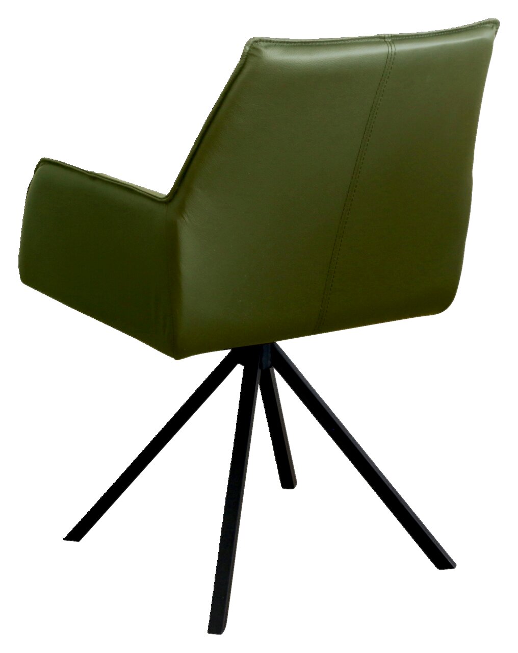 Rückansicht eines grünen Armlehnstuhls mit schwarzem Metallgestell und vier Beinen