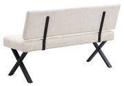 Achterkant van een moderne bank met een beige stoffen bekleding en zwarte metalen poten in X-vorm.