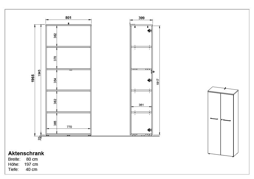 Aktenschrank mit den Maßen Breite: 80 cm, Höhe: 197 cm, Tiefe: 40 cm, Frontansicht und Seitenansicht.