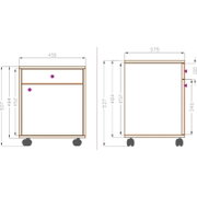 Technische Maßzeichnung eines rollbaren Nachtschranks/Beistellschranks mit Schublade und Türfach, Vorder- und Seitenansicht (Frontansicht links, Seitenansicht rechts), Breite ca. 450 mm, Tiefe ca. 375 mm, Höhe ca. 537 mm.