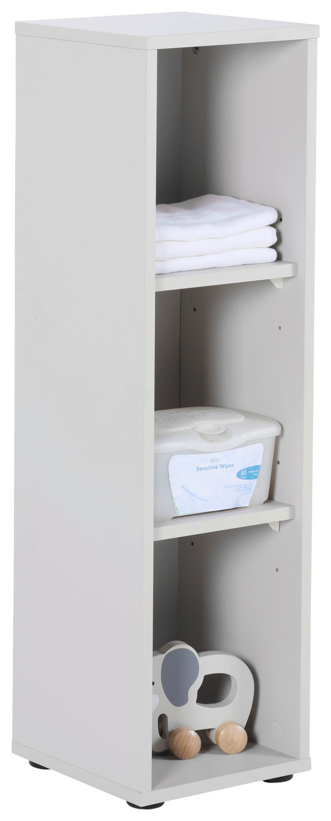 MyBaby Unterstellregal für Wickelkommode LEO Weißes Unterstellregal mit drei Fächern, gefüllt mit Handtüchern, Feuchttüchern und einem Spielzeug, seitliche Perspektive.