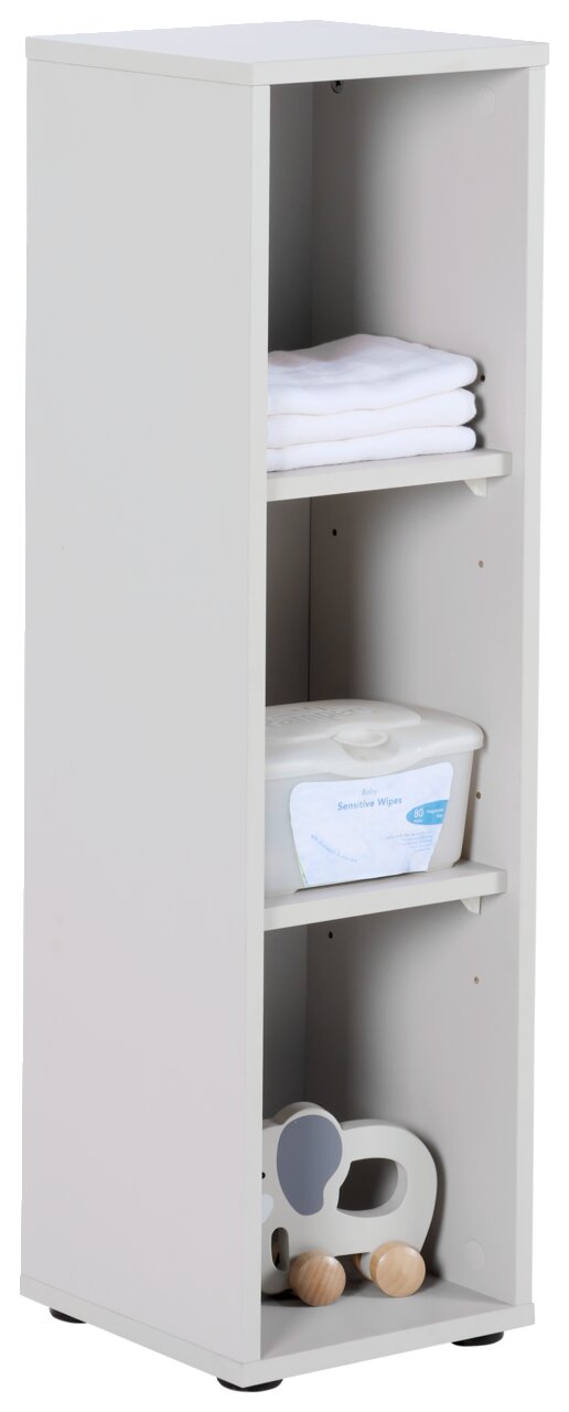 MyBaby Unterstellregal für Wickelkommode LEO Weißes Unterstellregal mit drei Fächern, gefüllt mit Handtüchern, Feuchttüchern und einem Spielzeug, seitliche Perspektive.