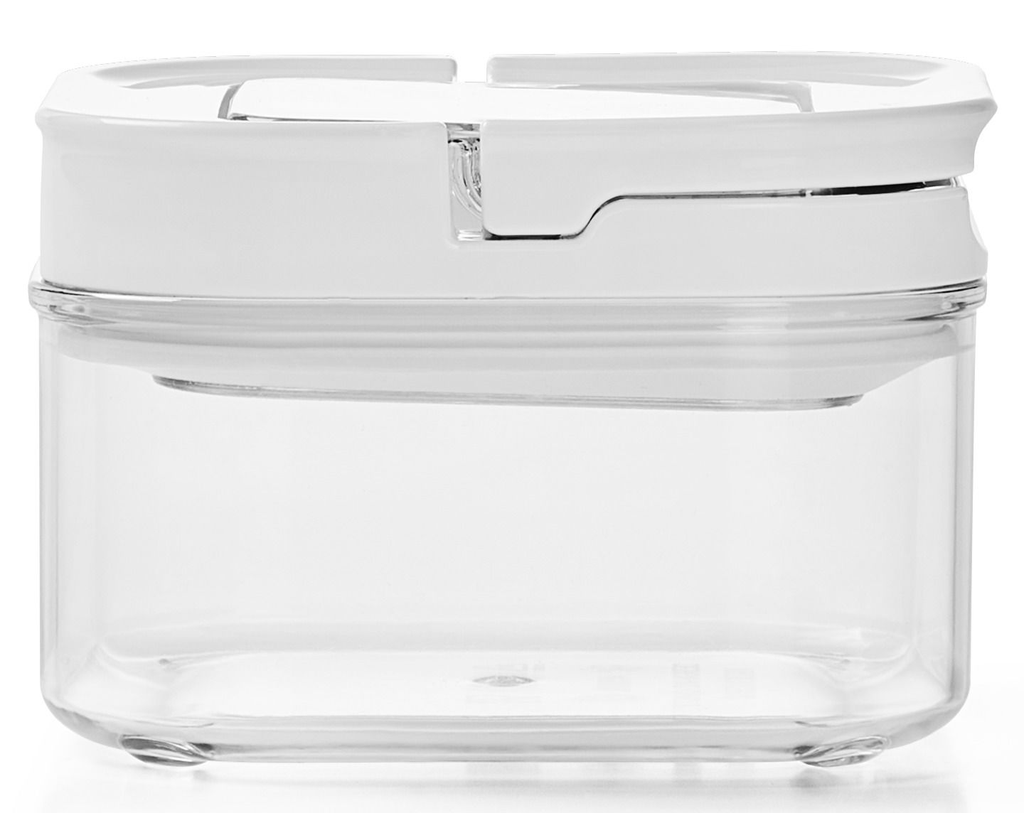 Transparente Vorratsdose mit weißem Deckel, seitliche Ansicht