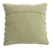 Rückansicht eines grünen Kissens mit dekorativen Kanten.