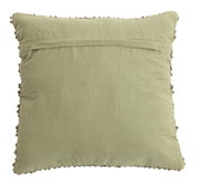 Rückansicht eines grünen Kissens mit dekorativen Kanten.