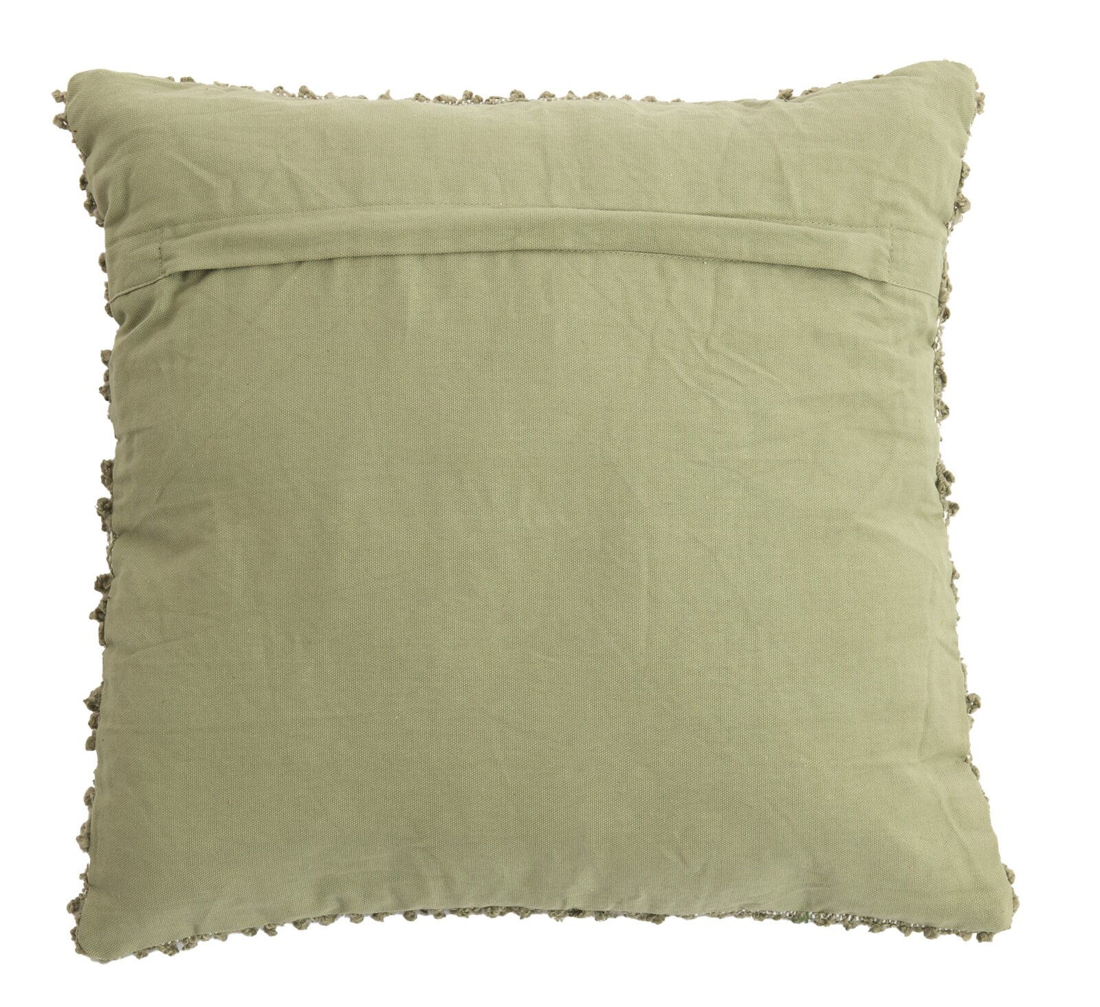 Rückansicht eines grünen Kissens mit dekorativen Kanten.