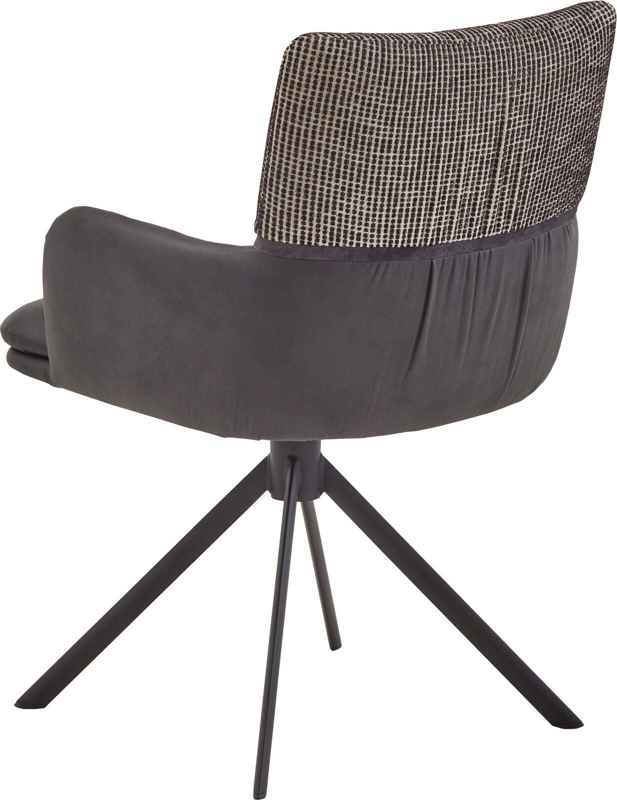 Moderner Polsterstuhl mit Armlehnen, dunkelgrauer Sitzschale und gemusterter Rückenlehne auf schwarzem Metall-Drehkreuz, Ansicht von hinten schräg rechts