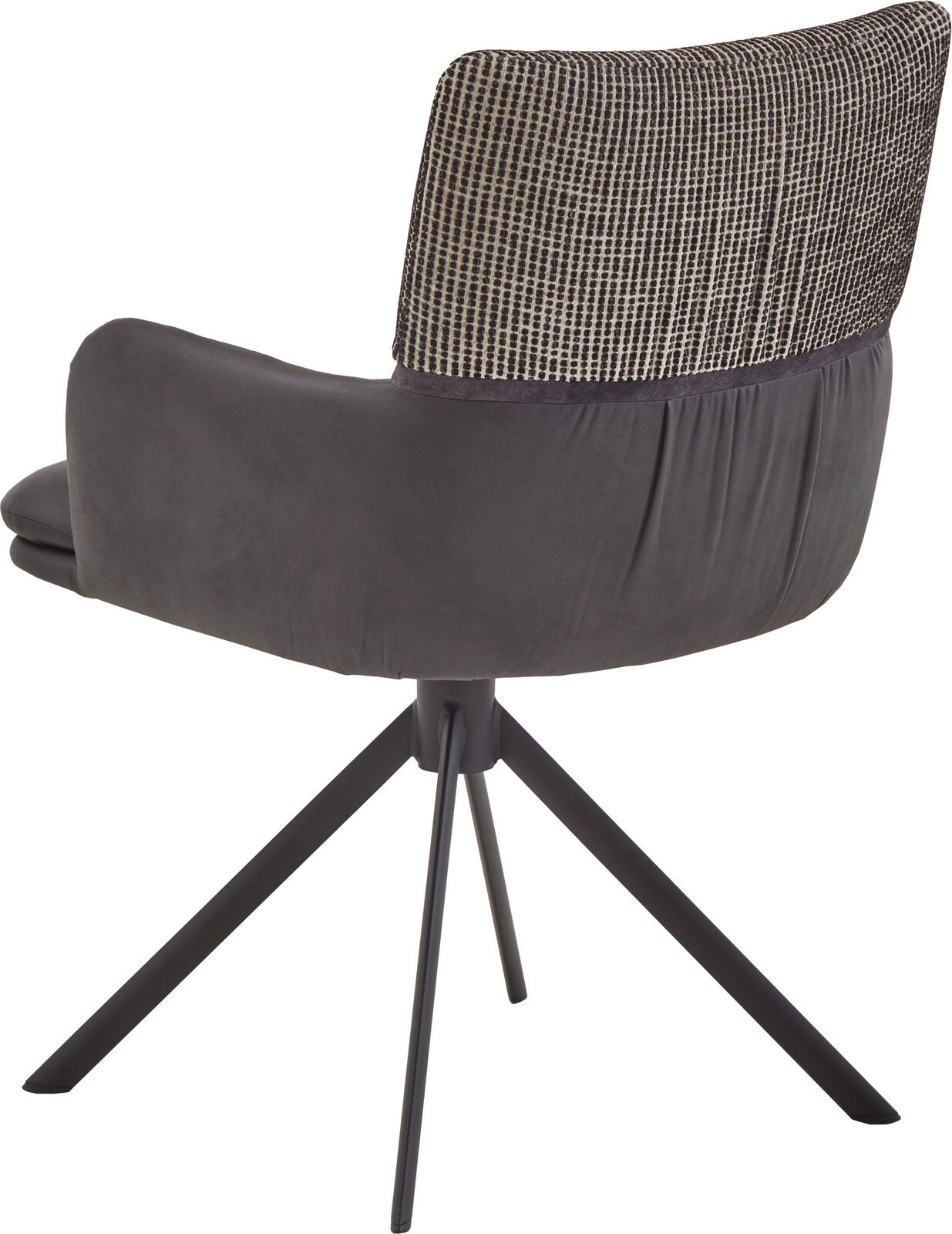 Moderner Polsterstuhl mit Armlehnen, dunkelgrauer Sitzschale und gemusterter Rückenlehne auf schwarzem Metall-Drehkreuz, Ansicht von hinten schräg rechts