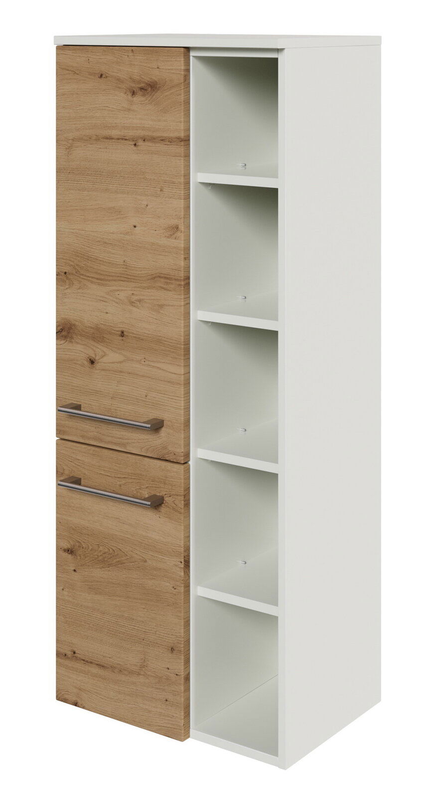 Sadena Midischrank PLAKA Moderner Midischrank mit Holz- und Weißoptik, zwei Türen und offenen Regalfächern, seitliche Perspektive