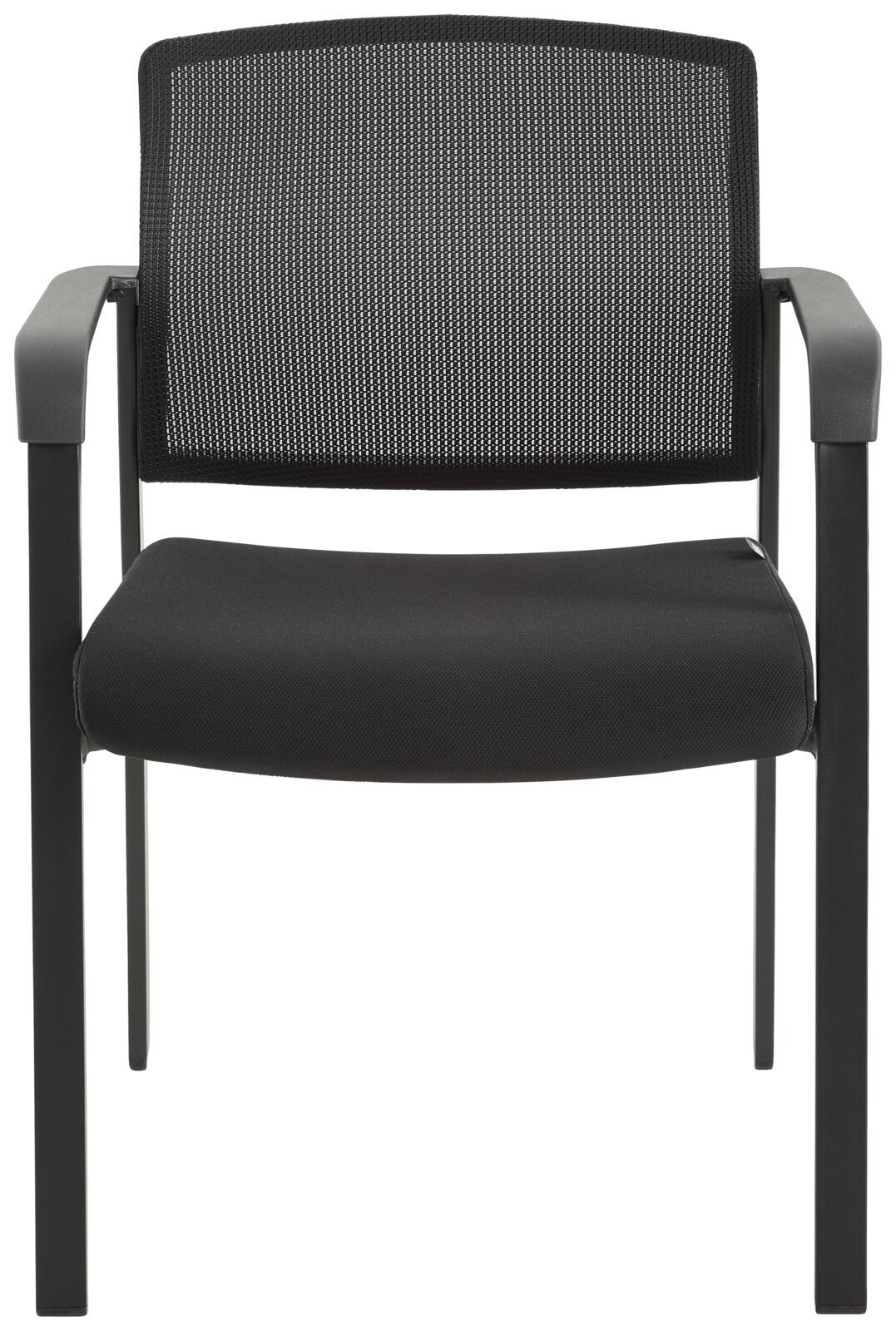 Schwarzer Besucherstuhl mit Netzrückenlehne und gepolstertem Sitz, Frontalansicht