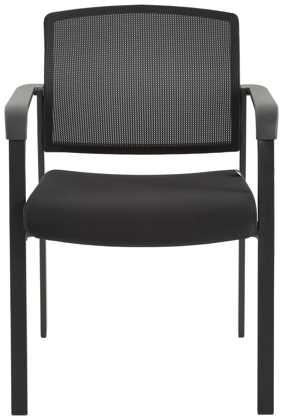 Schwarzer Besucherstuhl mit Netzrückenlehne und gepolstertem Sitz, Frontalansicht