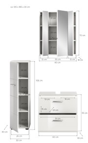 Maßskizze eines weißen Badezimmermöbel-Sets mit Spiegelschrank (60 cm breit), Hochschrank (106 cm hoch) und Waschtischunterschrank (60 cm breit, 55 cm hoch), teils mit geöffneten Türen/Schubladen und eingezeichneten Innenmaßen, Ansicht frontal und seitlic
